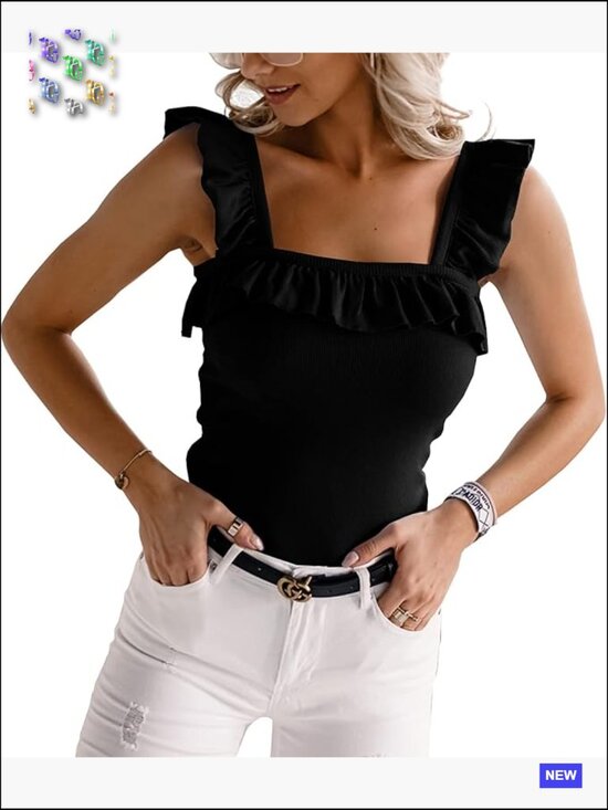 Tops - Sleeveless Tank Top Ruffle Strap Square Neck Knitted Camisole Summer Cute Knit